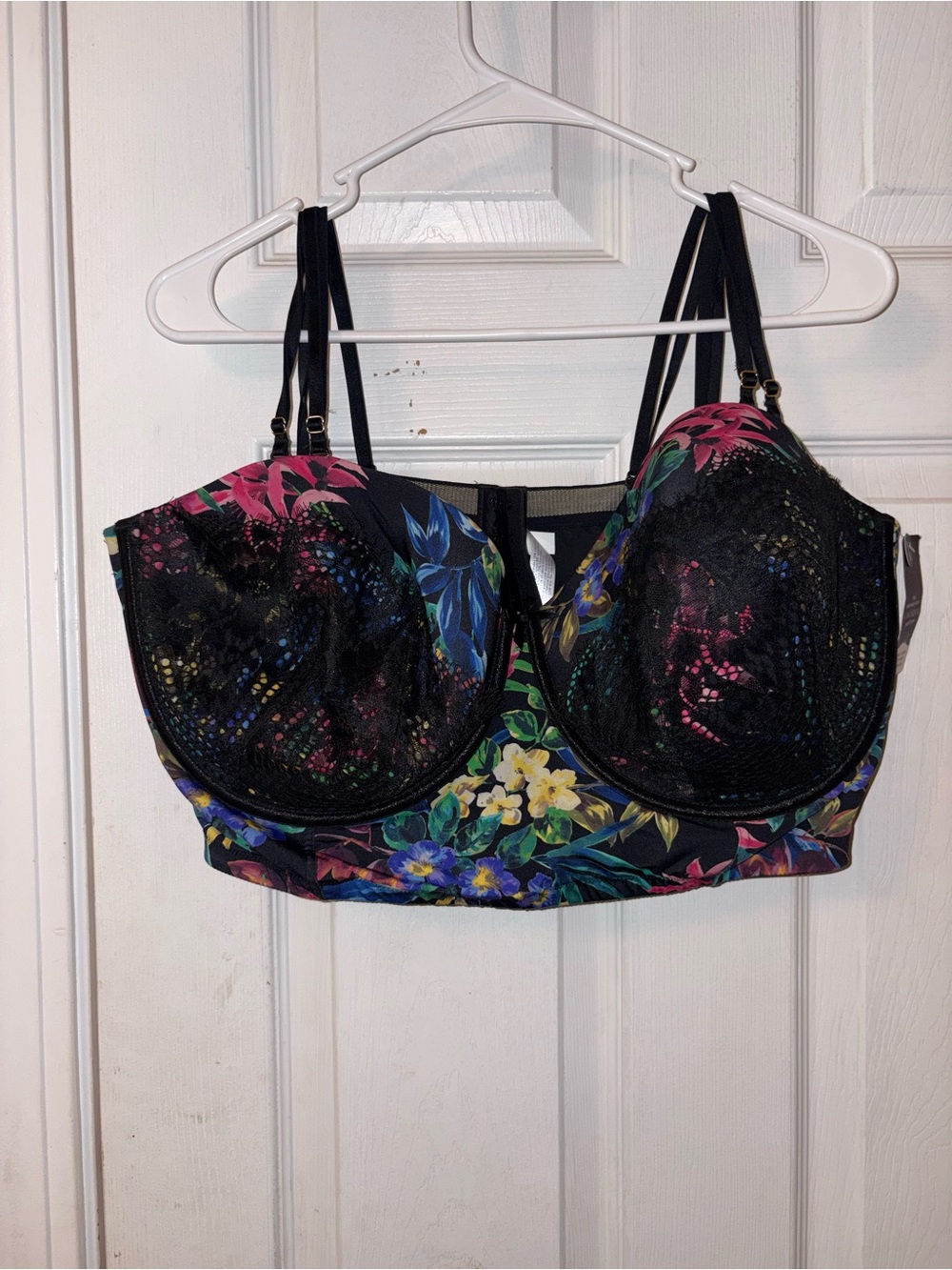 Cacique Multi-Way StraplessBlack Floral Longline Bra with Multicolor Flowers